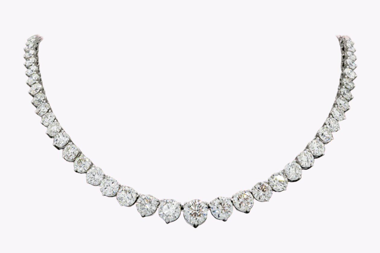 33.50 Carats Round Brilliant Cut Diamond Riviera Tennis Necklace in White Gold