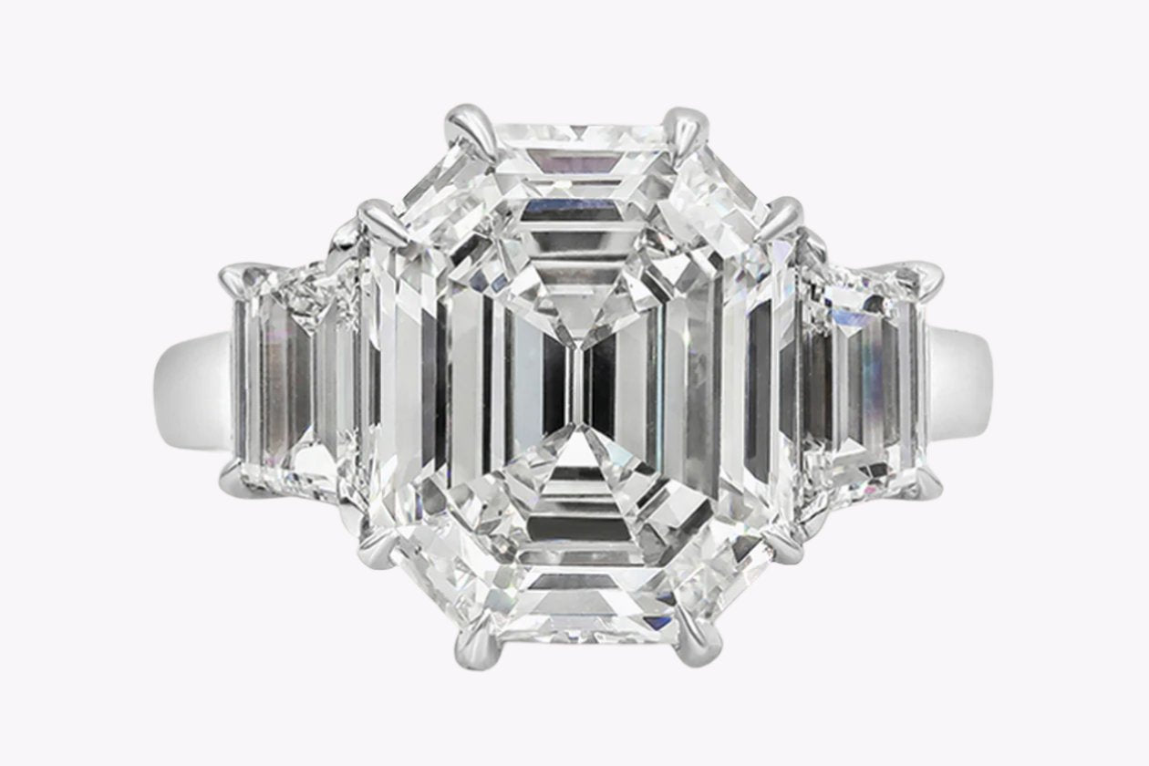 GIA Certified 6.08 Carats Octagon Step-Cut Diamond Three-Stone Engagement Ring in Platinum
