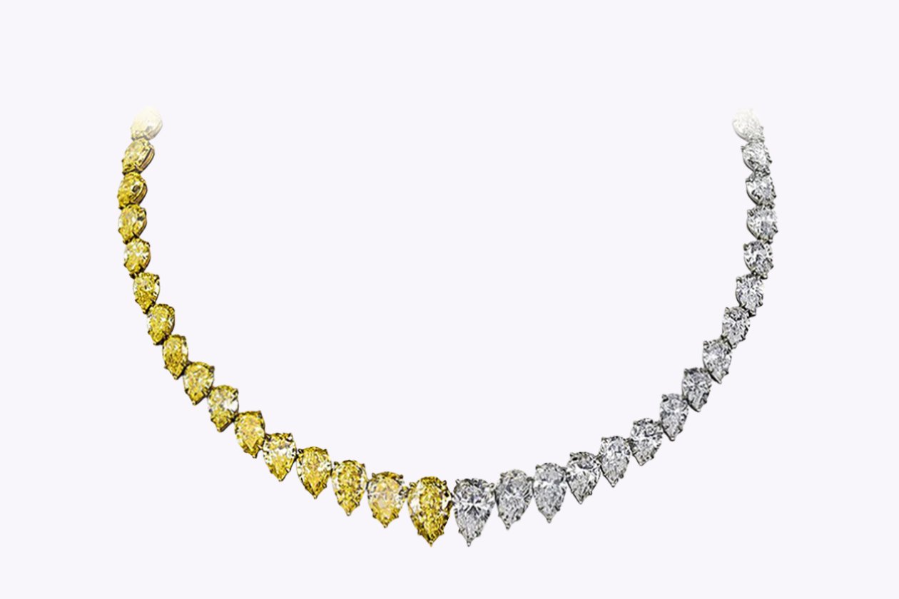61.96 Carats Total Pear Shape Yellow & White Diamond Riviera Necklace in Two-Tone