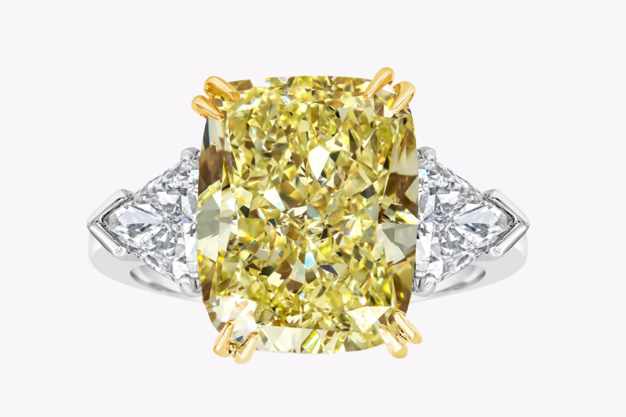 GIA Certified 10.11 Carats Cushion Cut Yellow Diamond Three-Stone Engagement Ring in Yellow Gold & Platinum