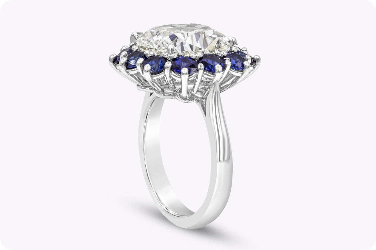 GIA Certified 7.04 Carats Cushion Cut Diamond & Sapphire Halo Engagement Ring in Platinum - Image 3