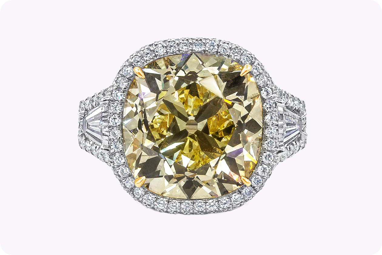 GIA Certified 15.52 Carats Cushion Cut Yellow Diamond Halo Engagement Ring in Yellow Gold & Platinum