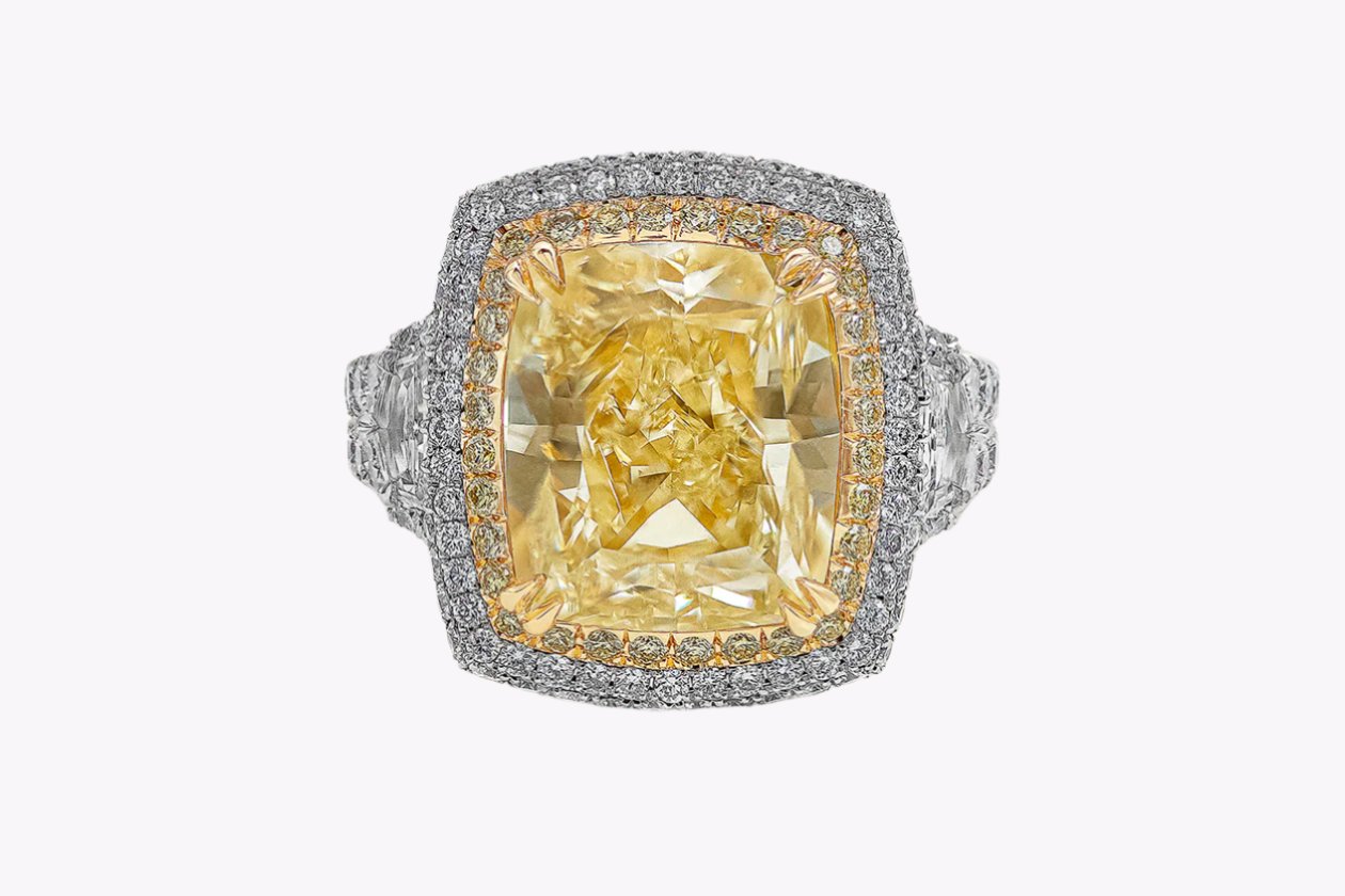 GIA Certified 8.77 Carats Cushion Cut Yellow Diamond Double Halo Engagement Ring in Yellow Gold & Platinum