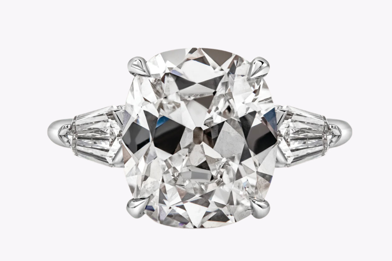 GIA Certified 5.11 Carats Cushion Cut Diamond Three-Stone Engagement Ring in Platinum