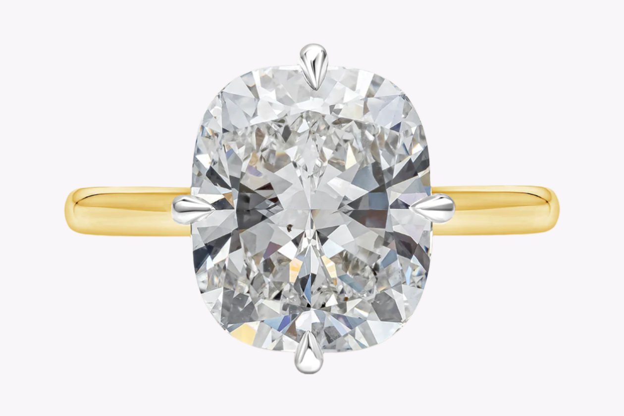 GIA Certified 5.02 Carats Cushion Cut Diamond Solitaire Engagement Ring in Platinum & Yellow Gold