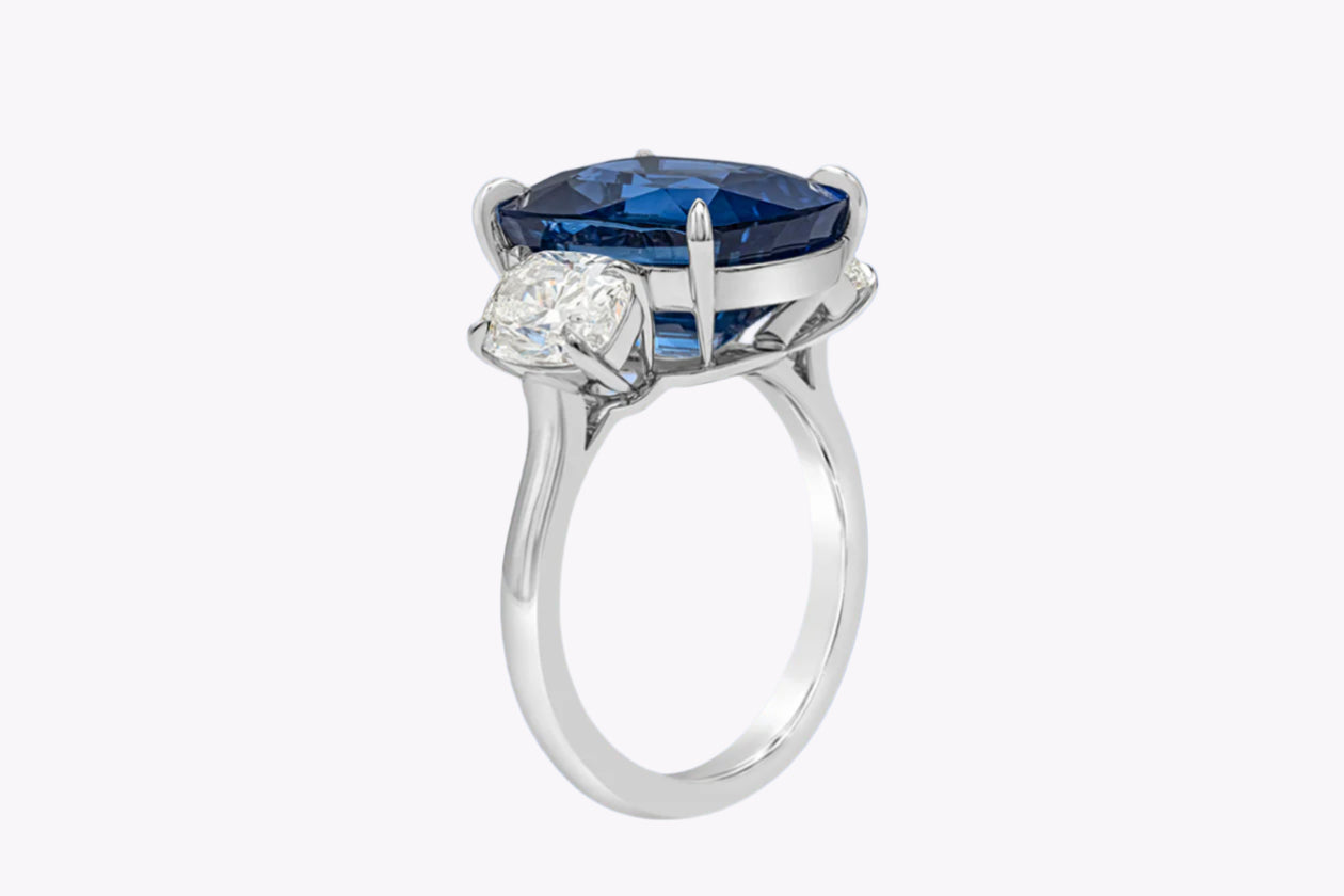GIA Certified 11.04 Carat Cushion Cut Ceylon Blue Sapphire Three Stone Engagement Ring in Platinum - Image 3