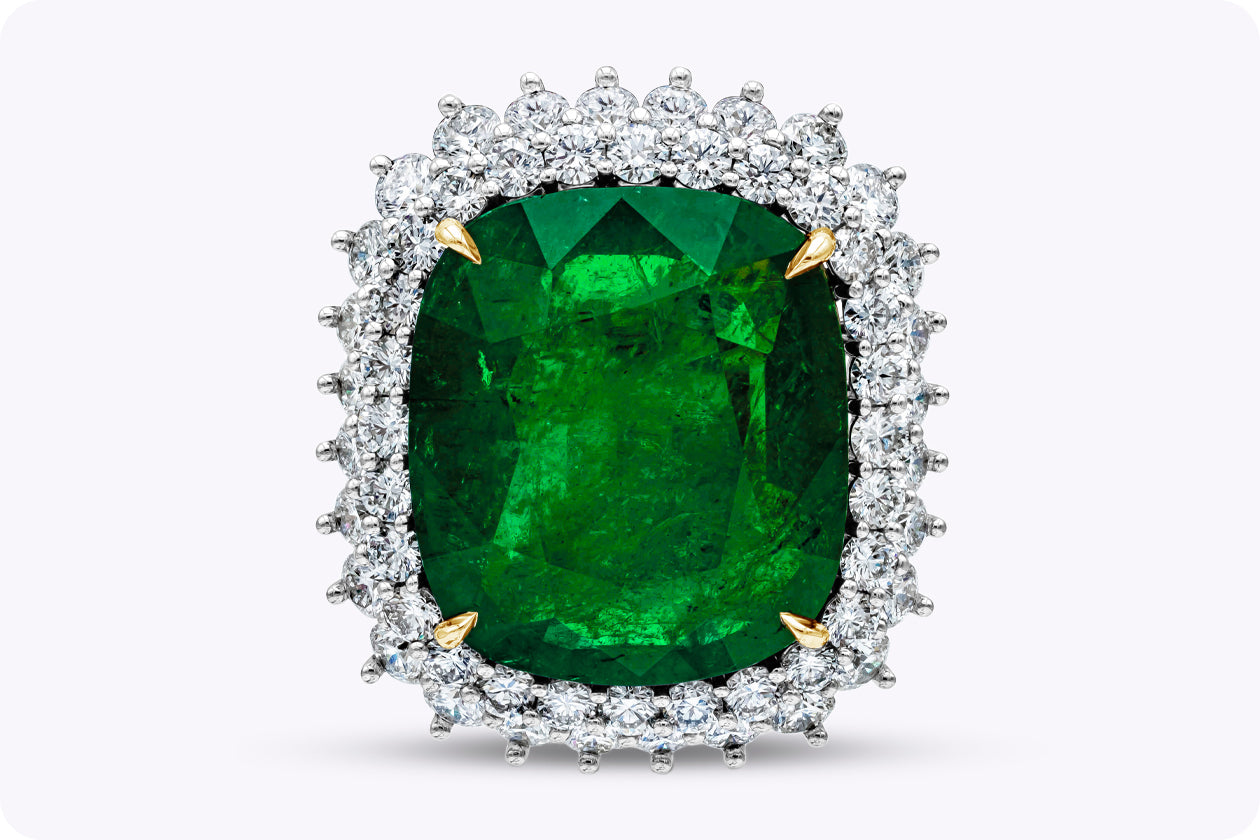 GIA Certified 24.75 Carats Cushion Cut Emerald & Diamond Double Halo Cocktail Ring in Yellow Gold & Platinum