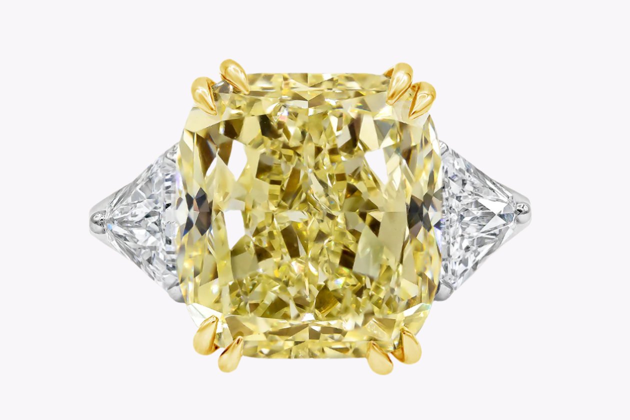GIA Certified 12.15 Carats Cushion Cut Yellow Diamond Three-Stone Engagement Ring in Yellow Gold & Platinum
