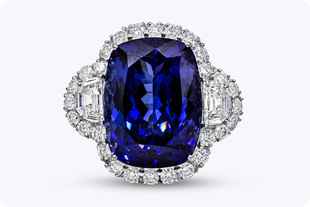 26.35 Carats Cushion Cut Tanzanite & Diamond Halo Cocktail Ring in White Gold