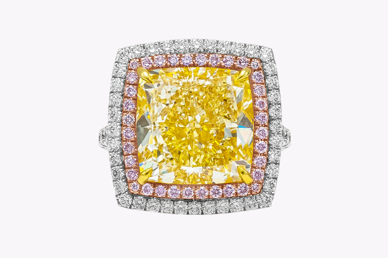 GIA Certified 10.27 Carats Cushion Cut Fancy Yellow Diamond Double Halo Engagement Ring in Three-Tone