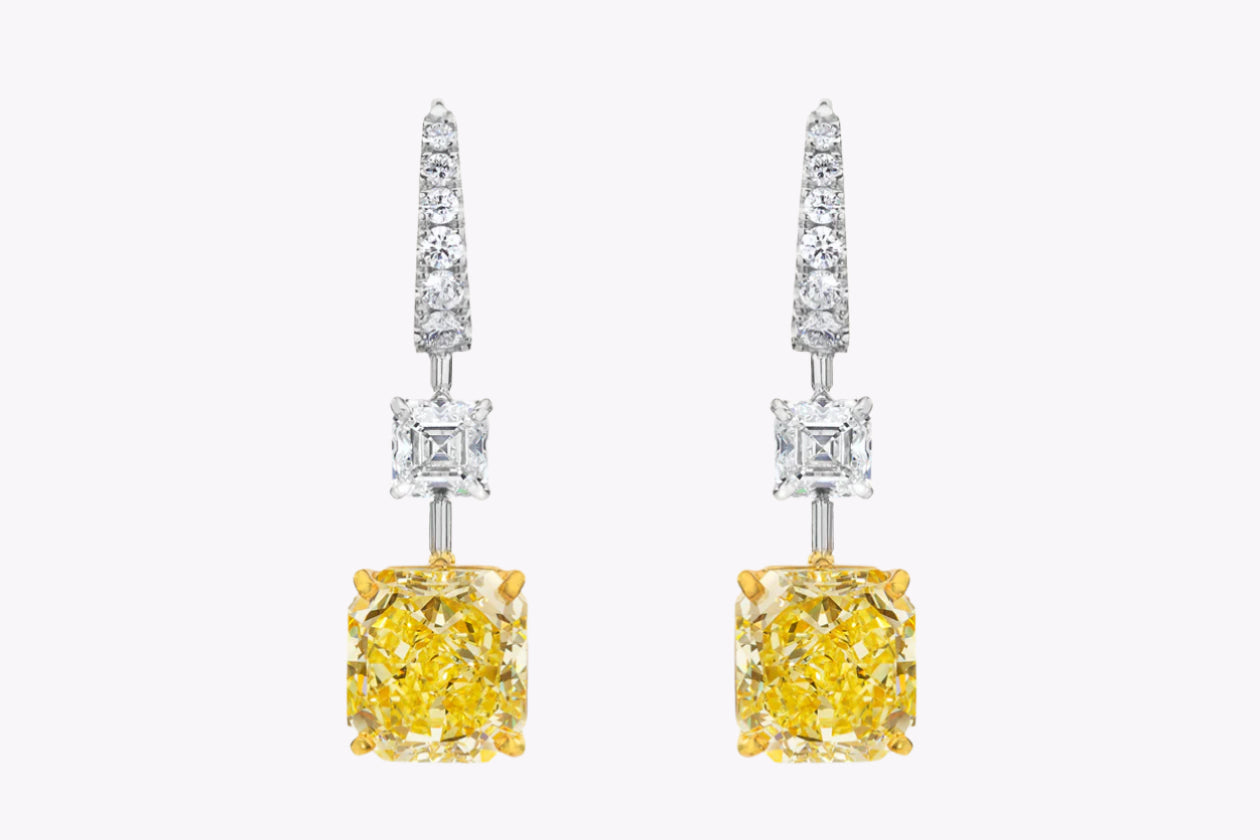 GIA Certified 8.48 Carats Radiant Cut Yellow Diamond Dangle Earrings in Platinum