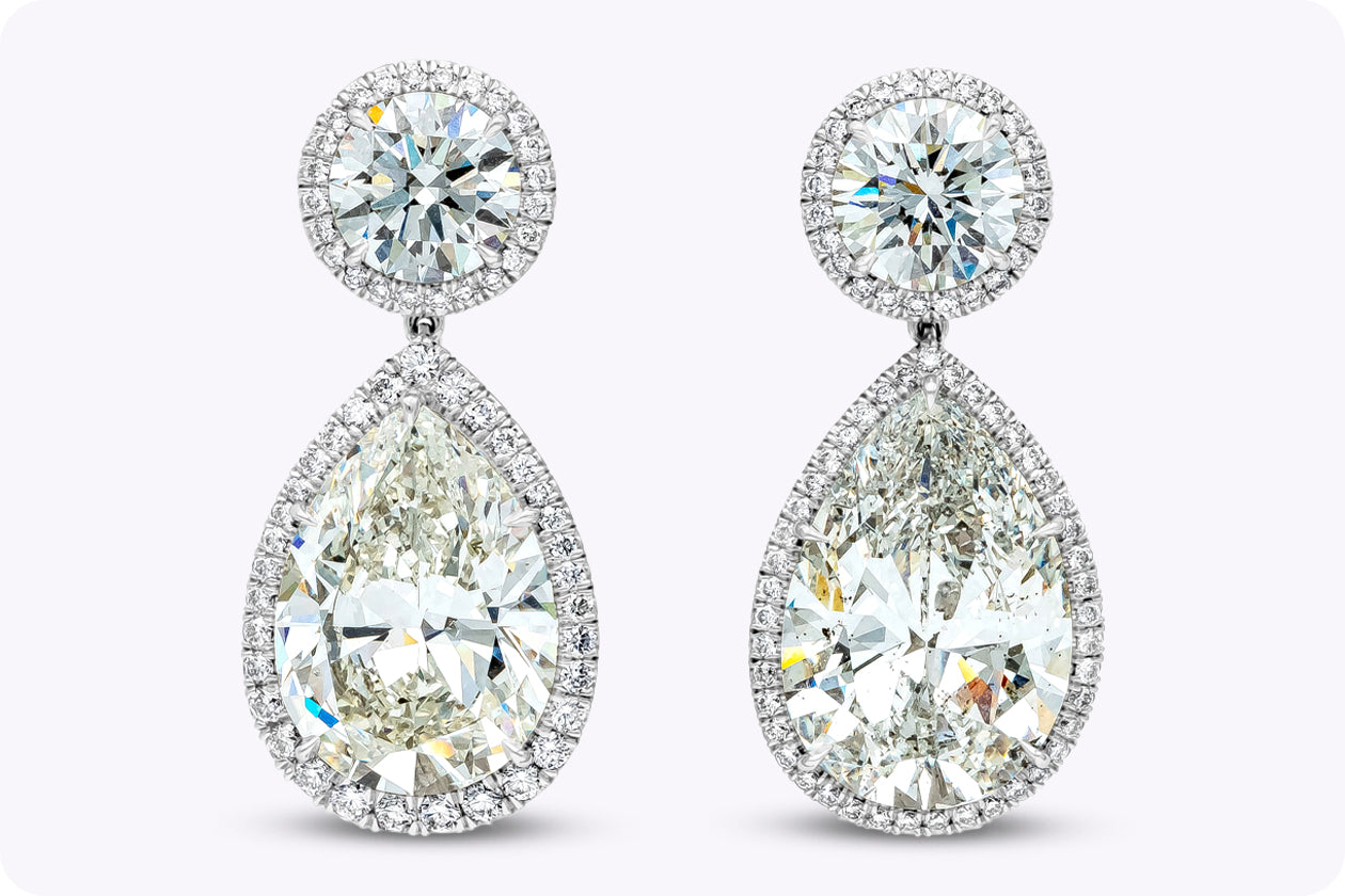GIA Certified 29.54 Carats Total Pear Shape & Round Cut Diamond Dangle Earrings in Platinum
