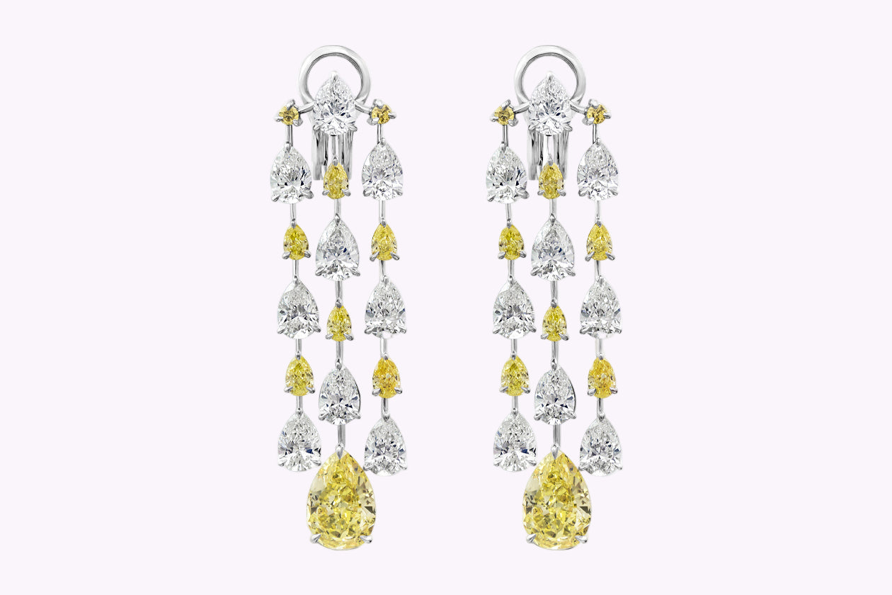 GIA Certified 15.69 Carats Total Pear Shape Yellow & White Diamond Chandelier Earrings in Platinum & White Gold