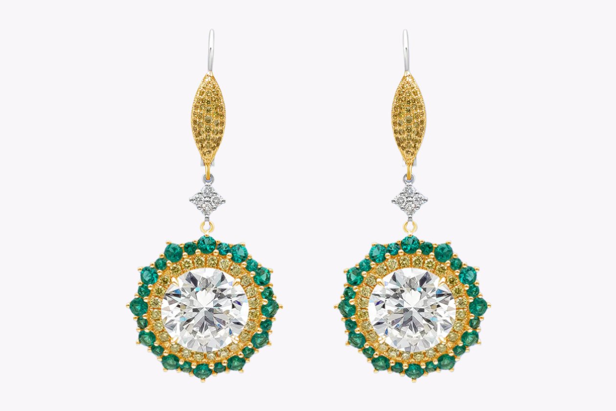 GIA Certified 20.41 Carats Total Round Brilliant Cut Diamond & Emerald Halo Dangle Earrings