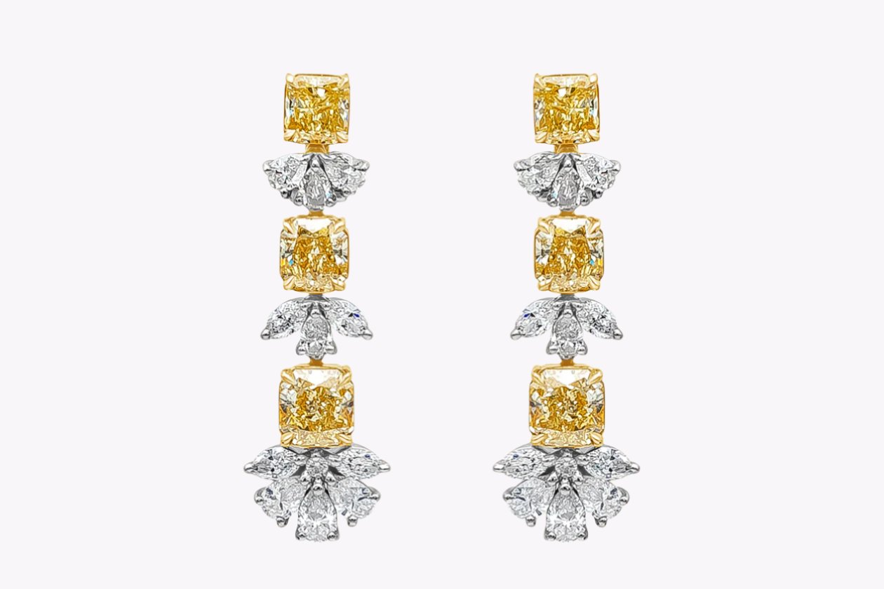6.43 Carats Radiant Cut Yellow & White Diamond Drop Earrings in Yellow Gold & Platinum