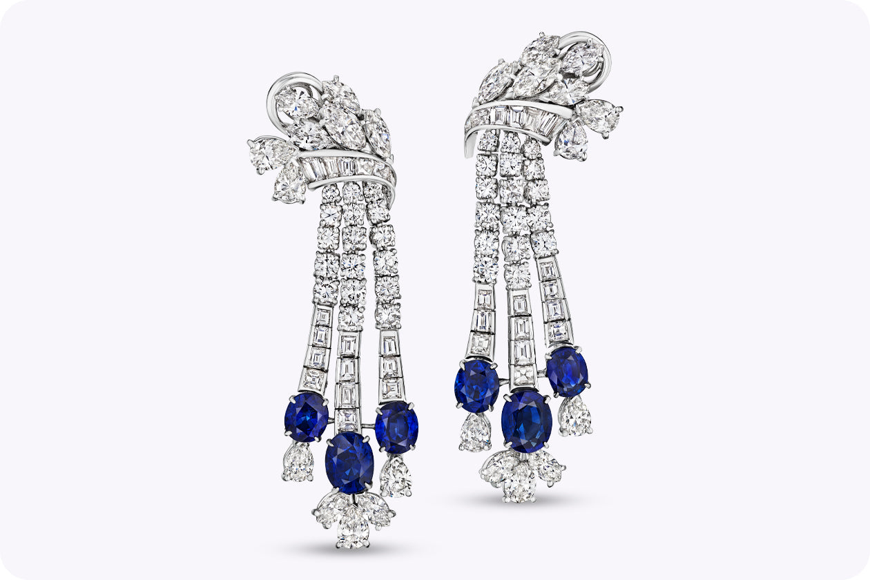 28.63 Carat Total Important Sapphire & Mixed-Cut Diamond Dangle Earrings in White Gold