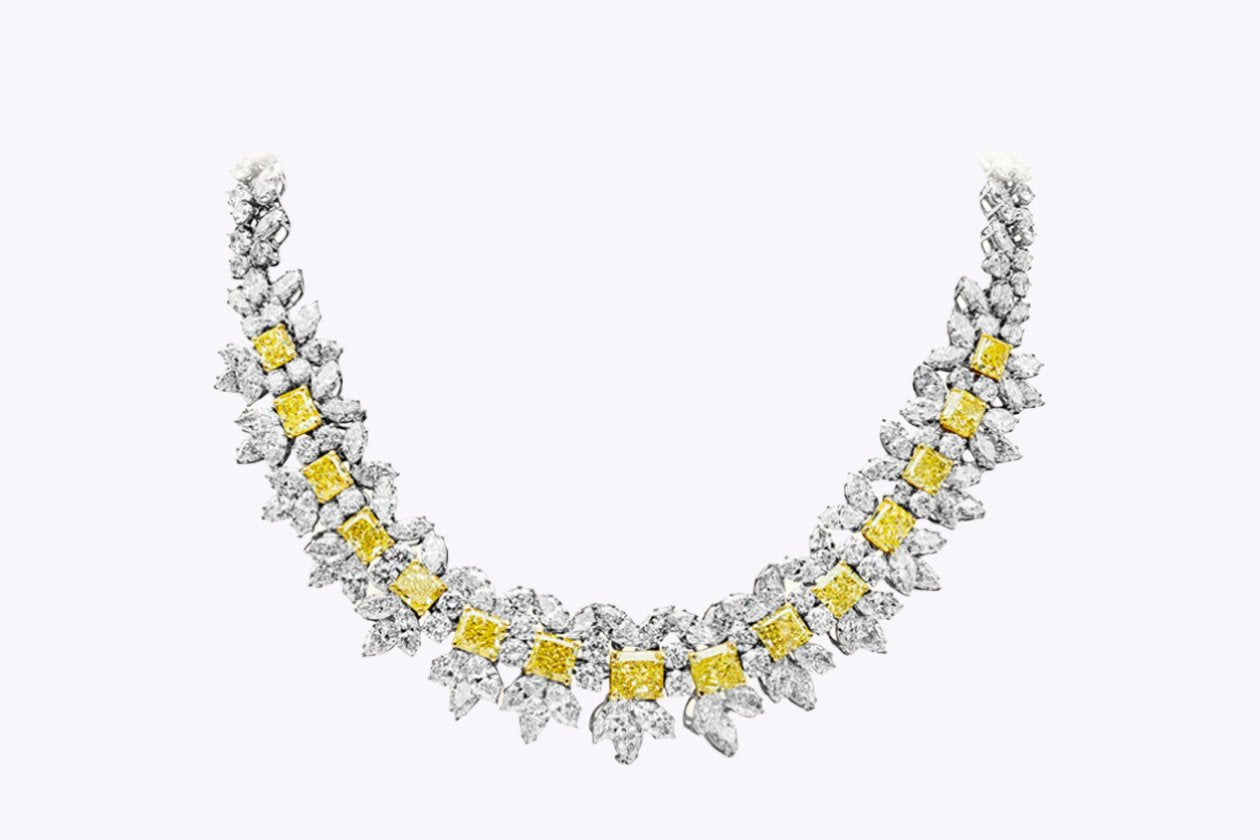 GIA Certified 86.27 Carats Total Yellow & White Diamond Necklace in Yellow Gold & Platinum