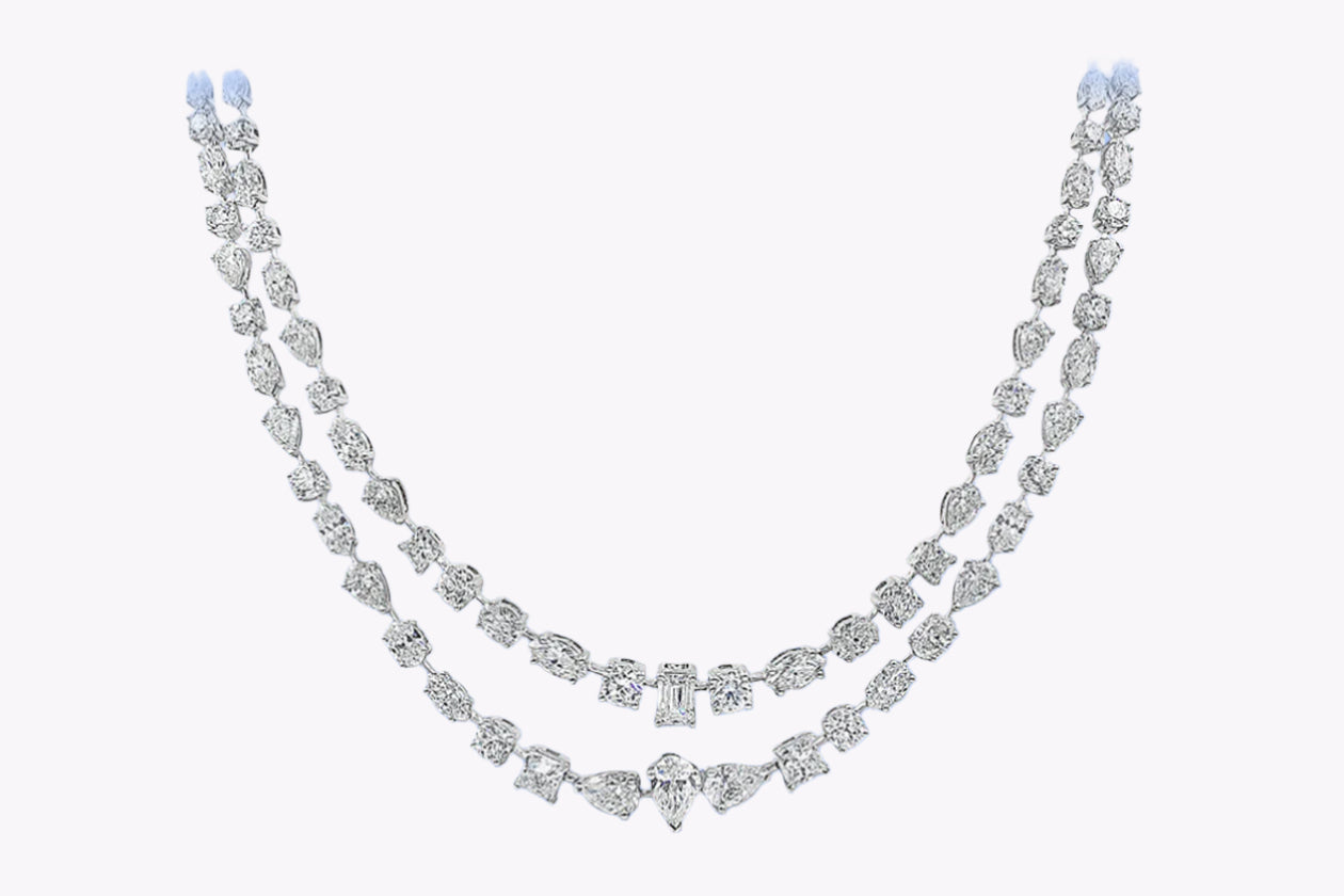 36.92 Carats Total Mixed-Cut Diamond Two-Row Pendant Necklace in White Gold