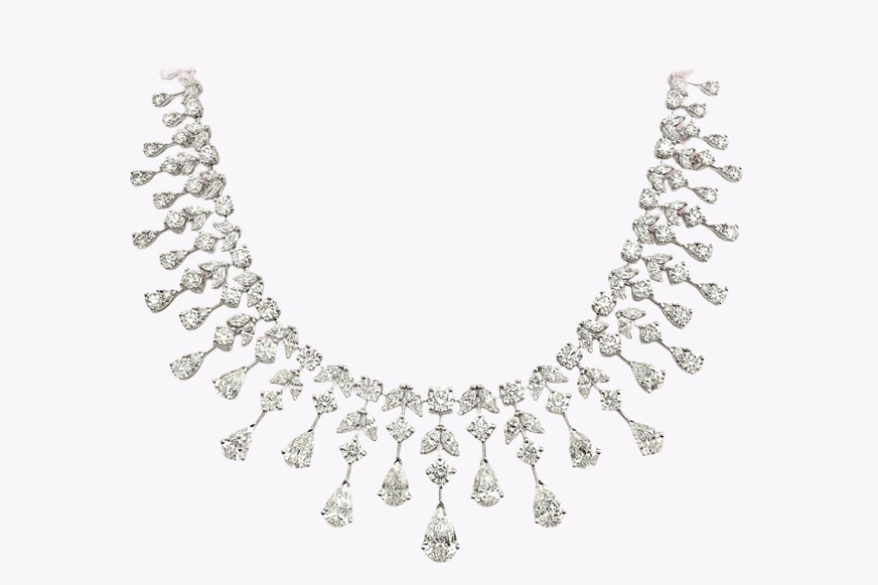 GIA Certified 37.20 Carats Total Mixed-Cut Diamond Chandelier Fringe Necklace in White Gold