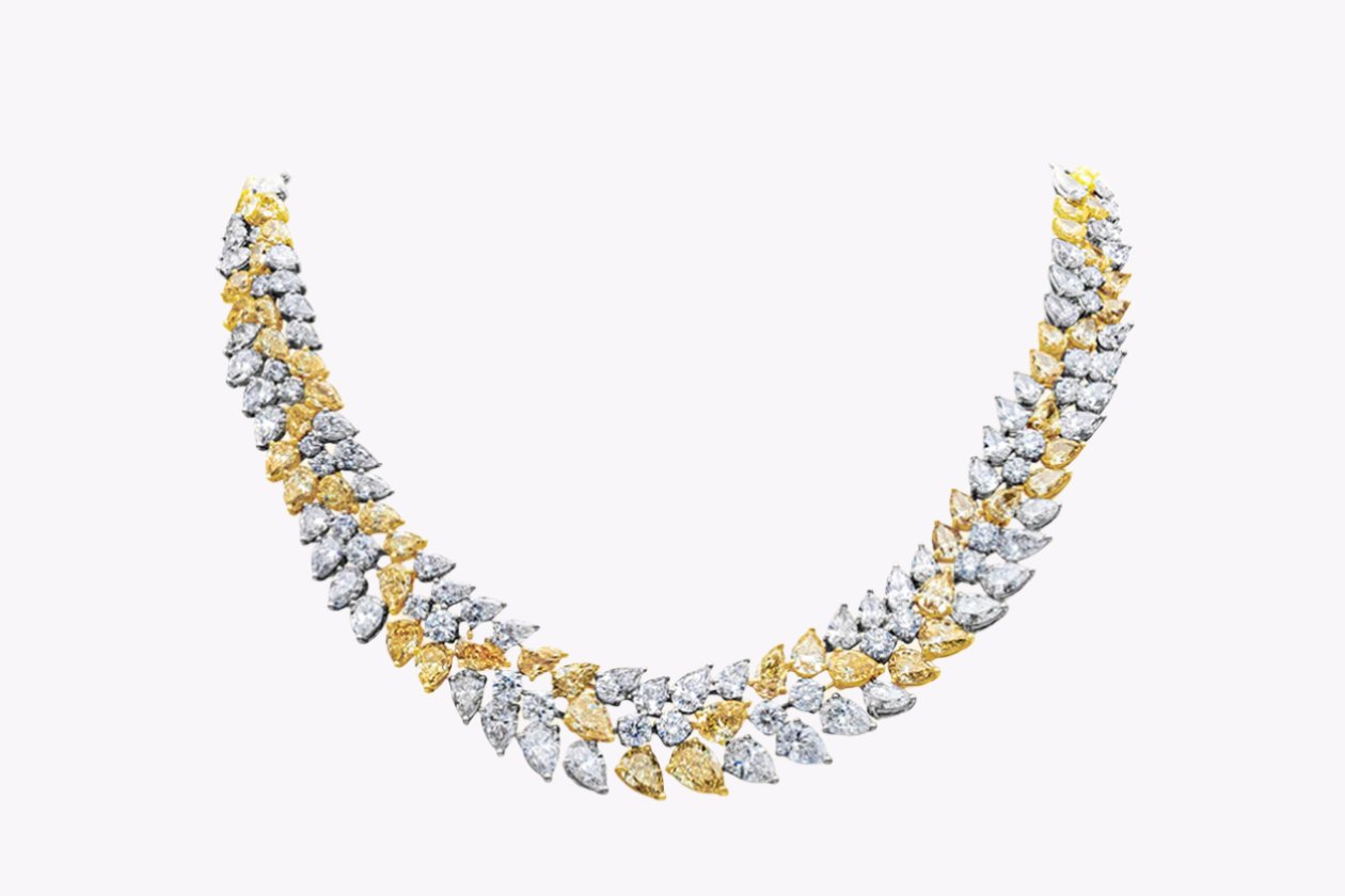 GIA Certified 79.50 Carats Total Mixed-Cut Yellow & White Diamond Necklace in Yellow Gold & Platinum