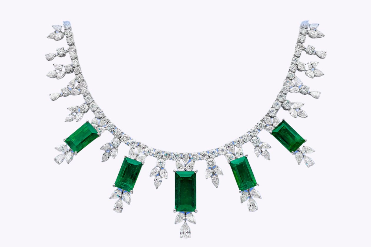 48.68 Carats Total Colombian Emerald & Diamond Necklace in White Gold