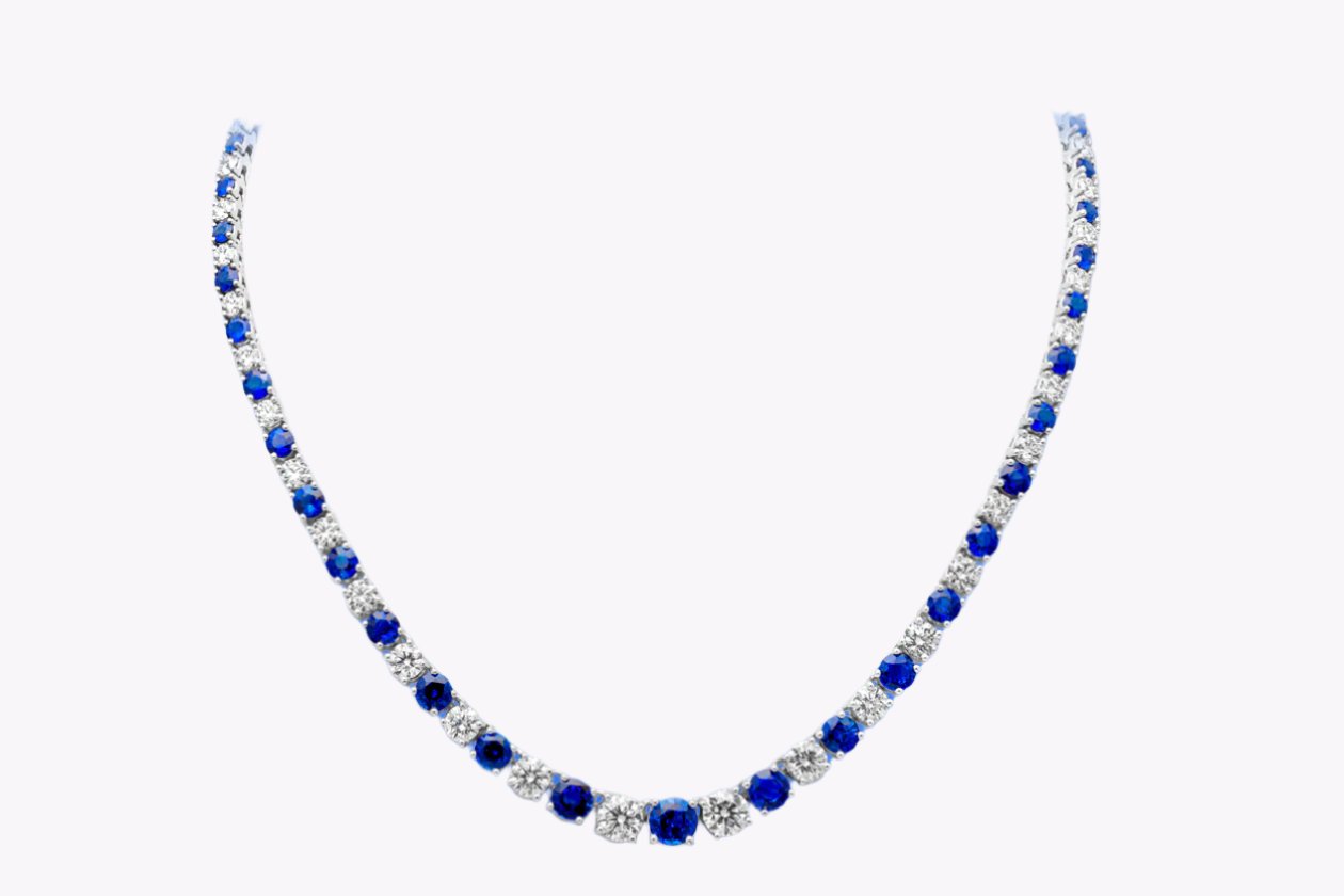 30.81 Carats Total Round Brilliant Cut Sapphire & Diamond Riviera Tennis Necklace in White Gold - Image 3