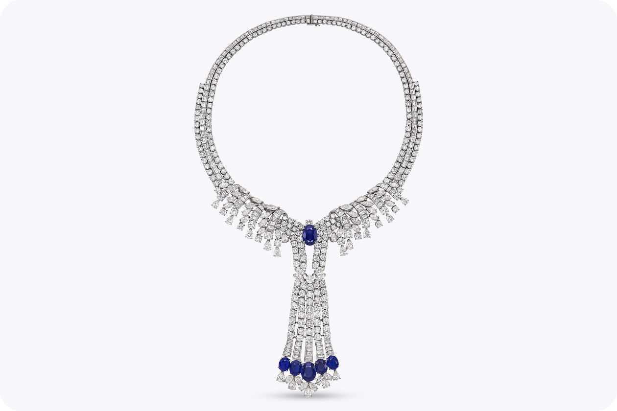 119.30 Carat Total Important Sapphire & Mixed-Cut Diamond Drop Necklace in White Gold