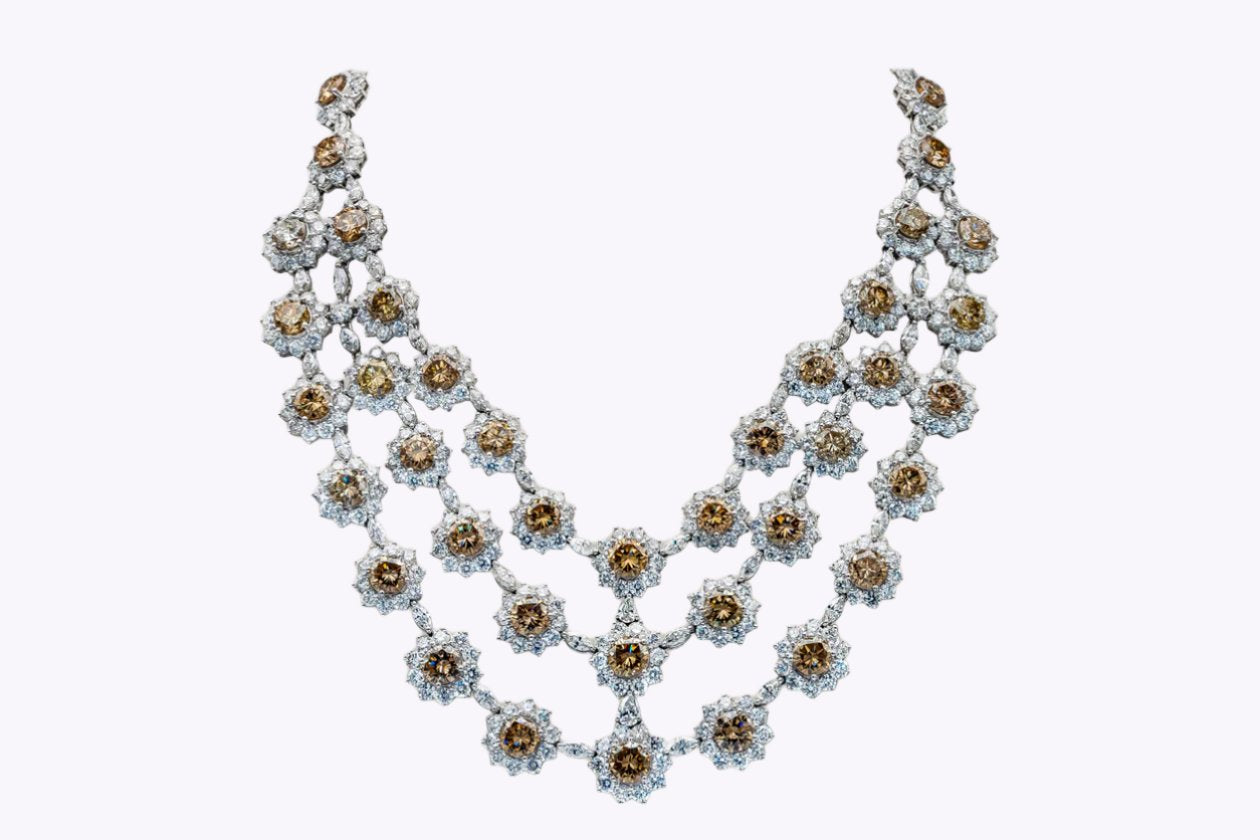 133.33 Carats Total Mixed-Cut Natural Brown Diamond Festoon Necklace in White Gold