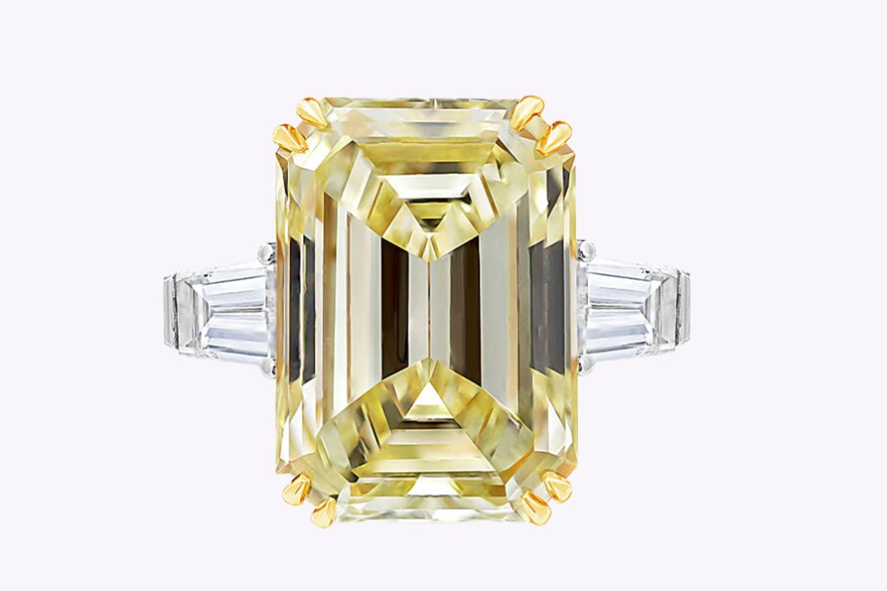 GIA Certified 14.54 Carats Emerald Cut Yellow Diamond Three-Stone Engagement Ring in Yellow Gold & Platinum