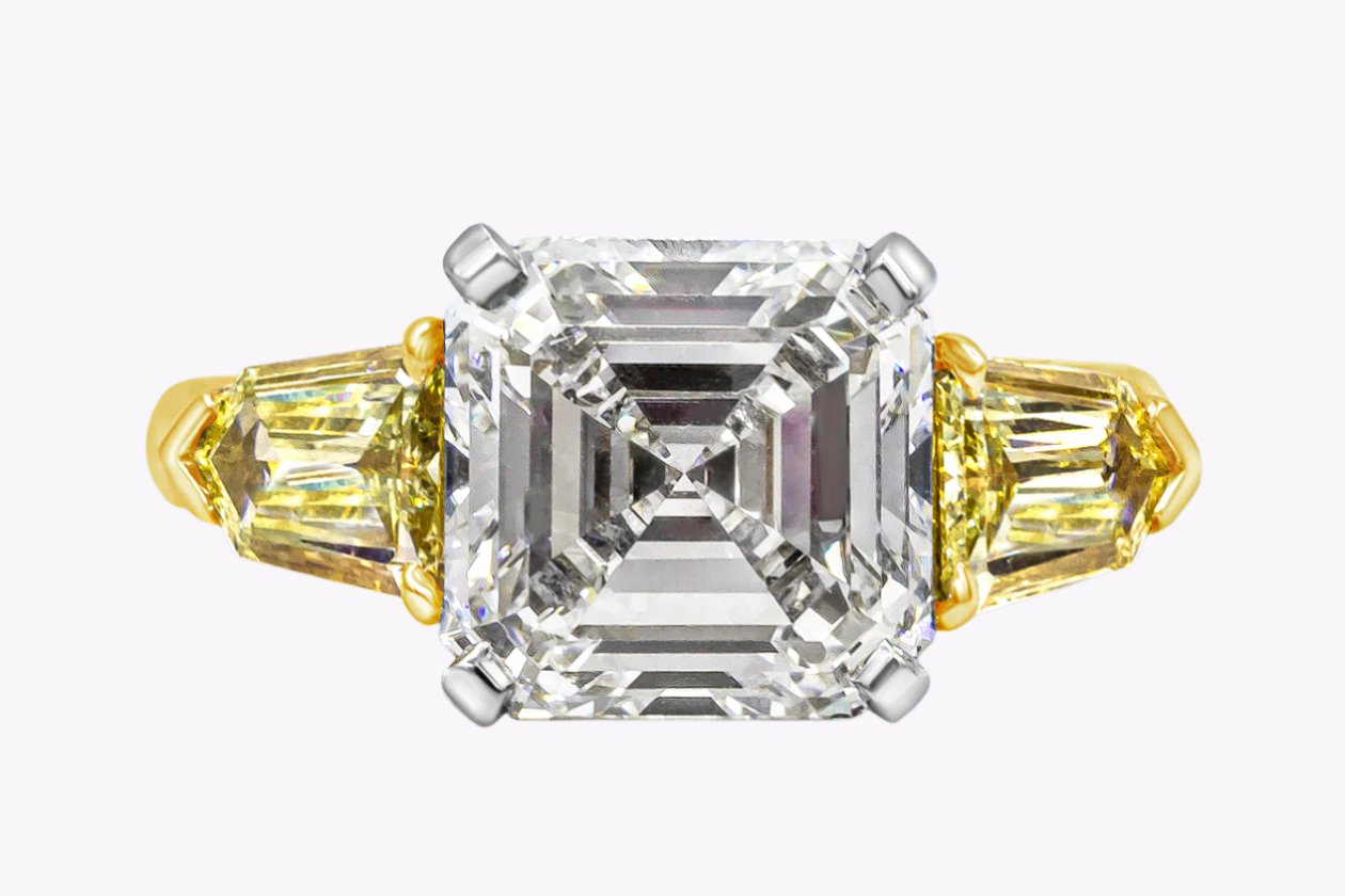 GIA Certified 5.05 Carats Asscher Cut Diamond Three-Stone Engagement Ring in Platinum & Yellow Gold
