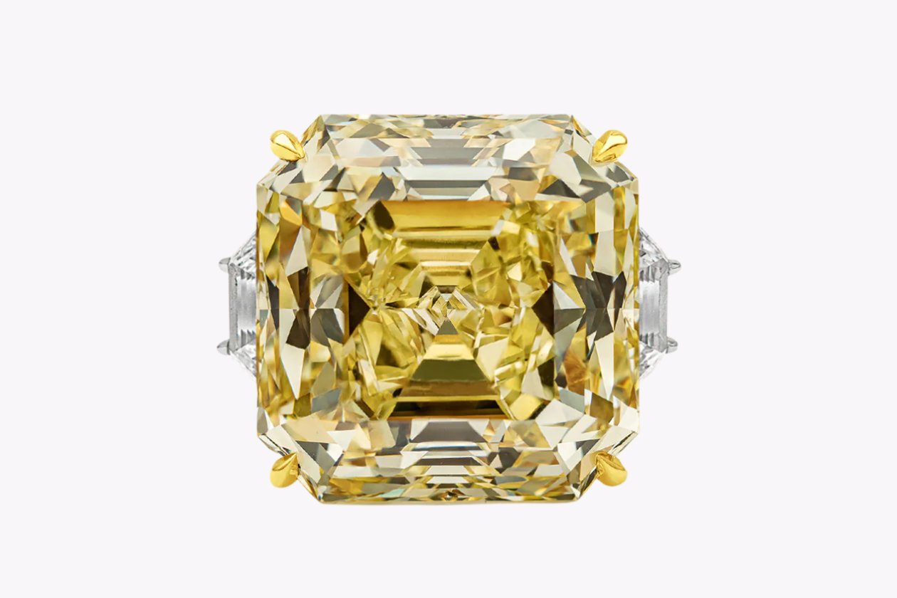 GIA Certified 30.02 Carats Asscher Cut Yellow Diamond Three-Stone Cocktail Ring in Yellow Gold & Platinum