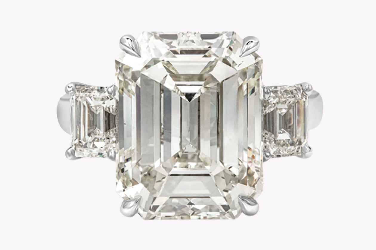 GIA Certified 10.88 Carats Emerald Cut Diamond Three-Stone Engagement Ring
