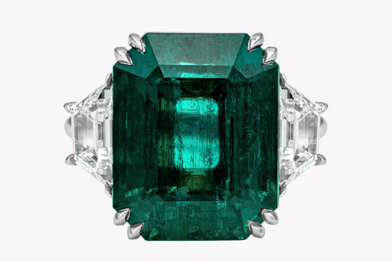 14.30 Carats Zambian Emerald & Diamond Three-Stone Engagement Ring in Platinum
