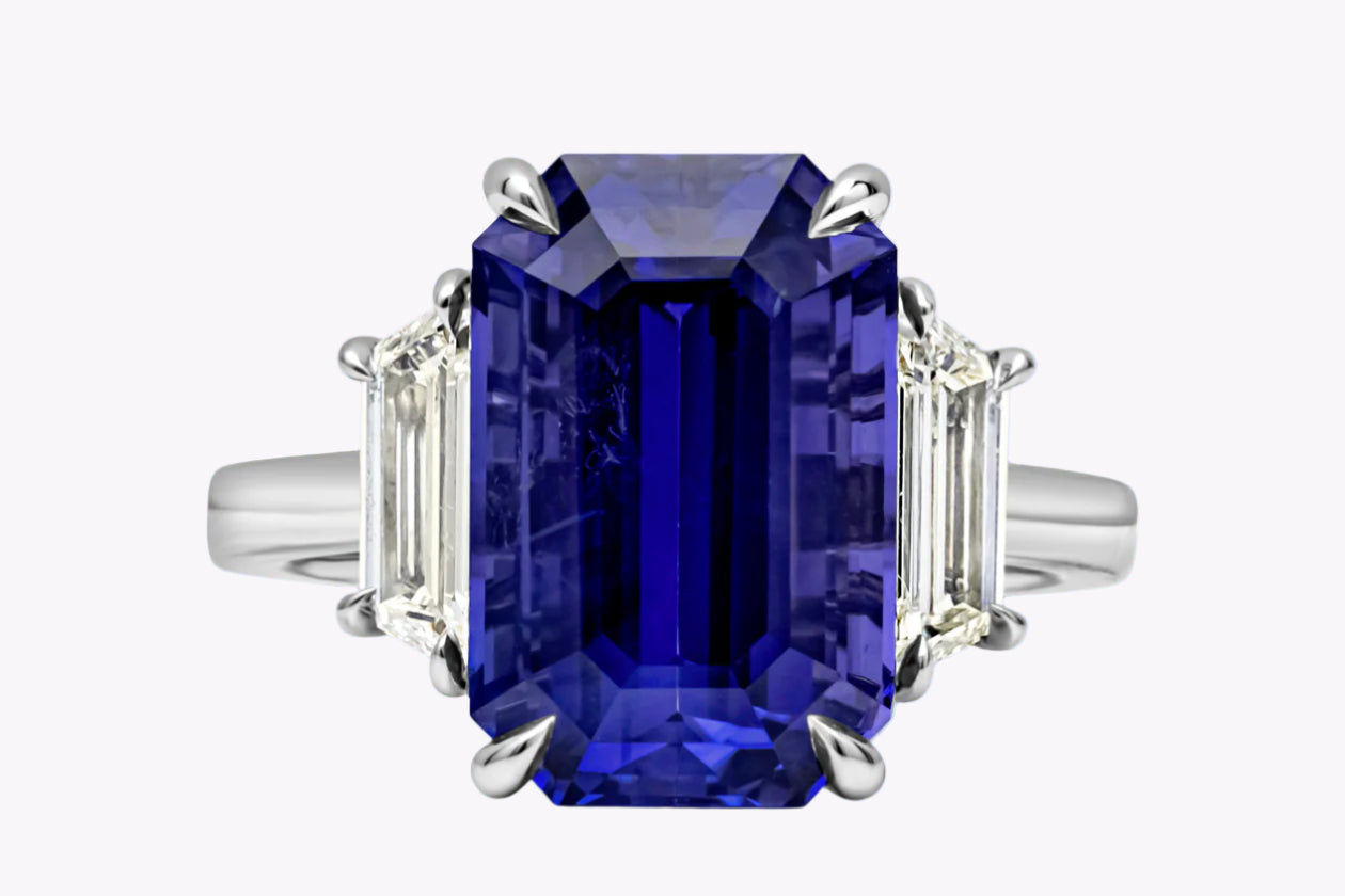 10.62 Carats Emerald Cut Blue Sapphire & Diamond Three-Stone Engagement Ring in Platinum