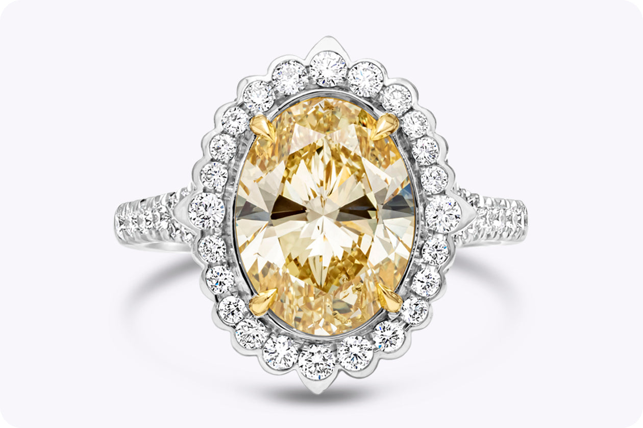 GIA Certified 3.39 Carats Oval Cut Yellow Diamond Halo Engagement Ring in Yellow Gold & Platinum