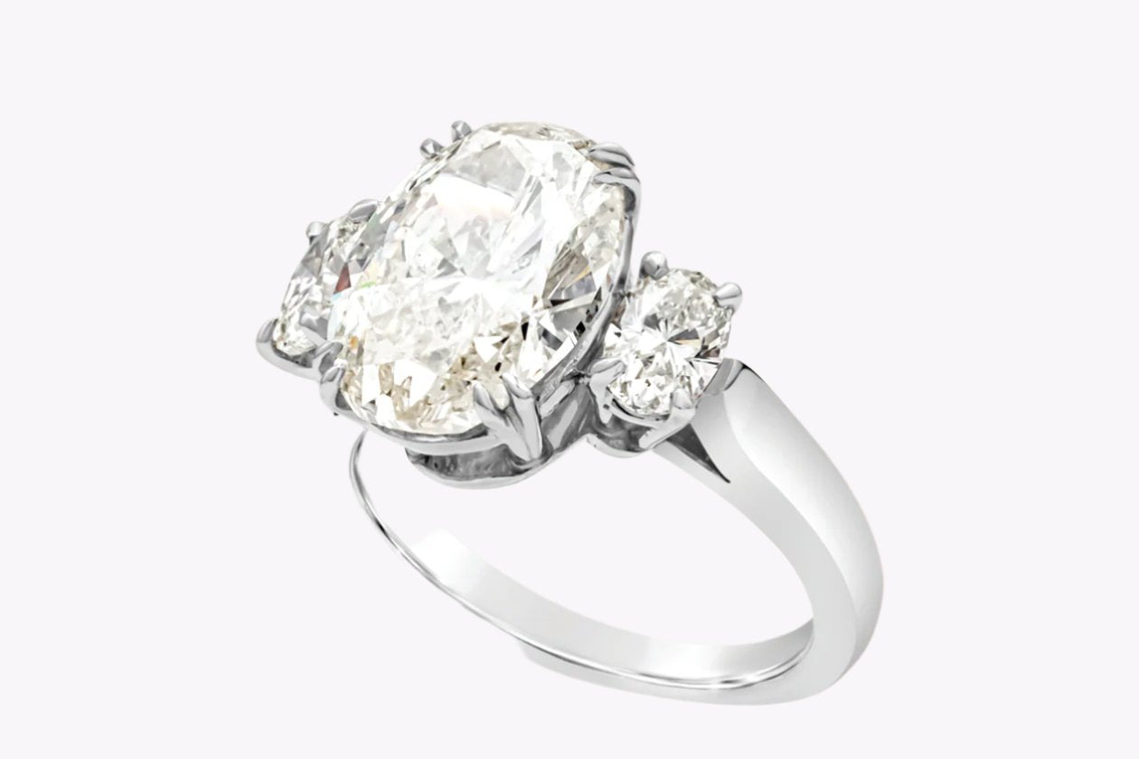 GIA Certified 4.01 Carats Oval Cut Diamond Three-Stone Engagement Ring in Platinum - Image 3