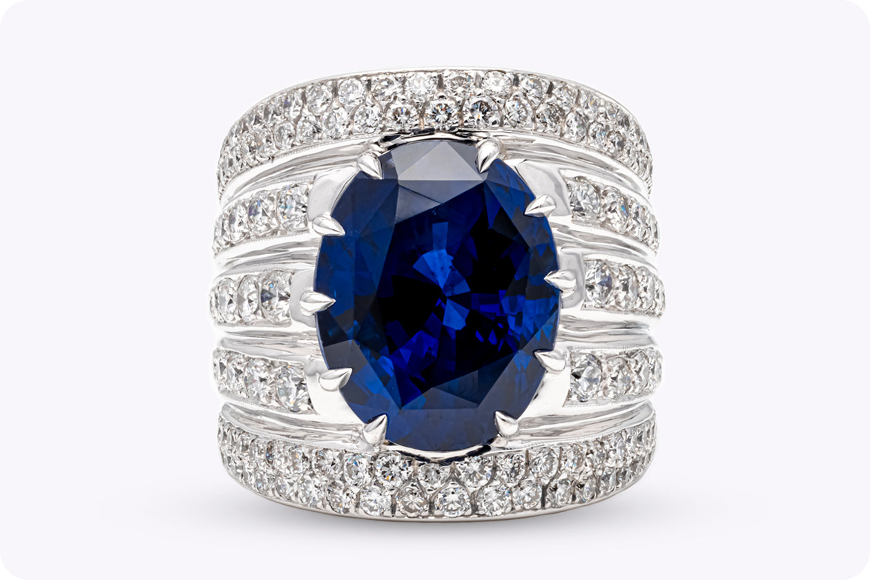 15.27 Carats Oval Cut Sapphire & Diamond Wide Cocktail Ring in White Gold