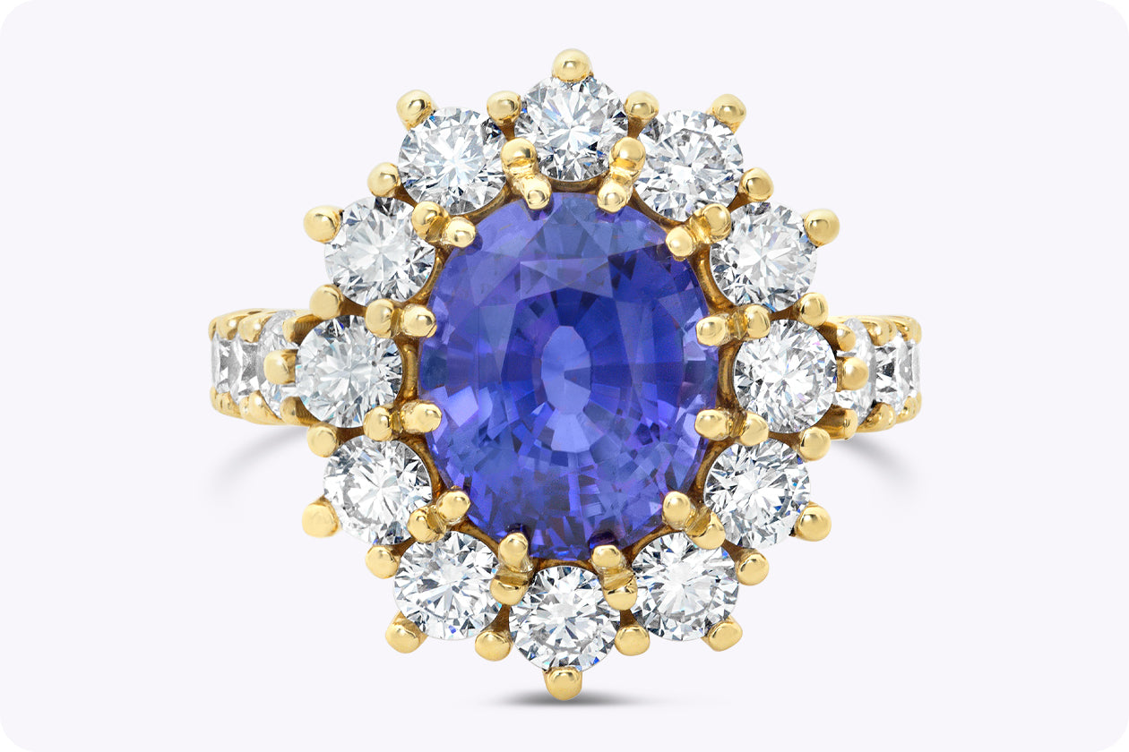 GIA Certified 6.17 Carat Oval Cut Color Change Sapphire & Diamond Cocktail Ring in Yellow Gold