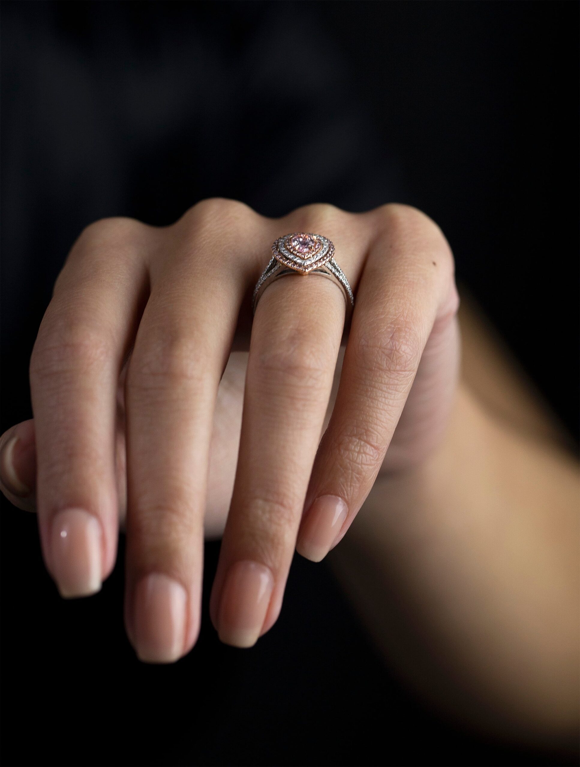 GIA Certified 0.47 Carat Pear Shape Pink Diamond Triple Halo Engagement Ring in Rose Gold - Image 6