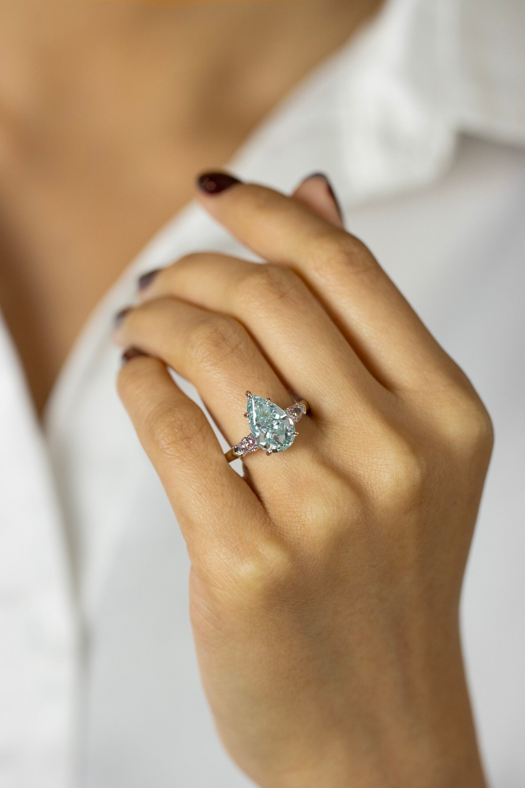 GIA Certified 3.68 Carats Pear Shape Blue Diamond Three-Stone Engagement Ring in Platinum - Image 8