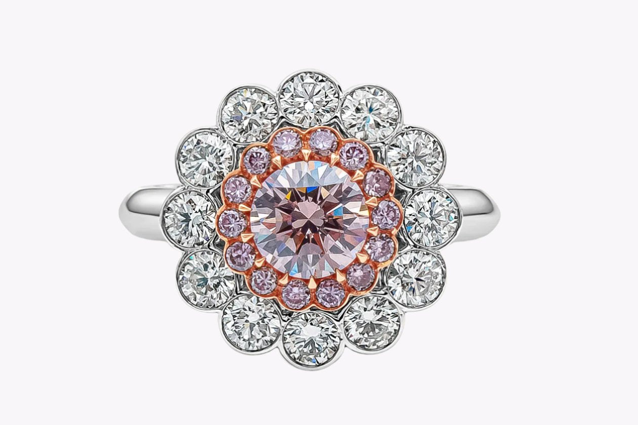 GIA Certified 0.77 Carat Round Brilliant Cut Pink Diamond Double Halo Engagement Ring in Rose Gold & Platinum