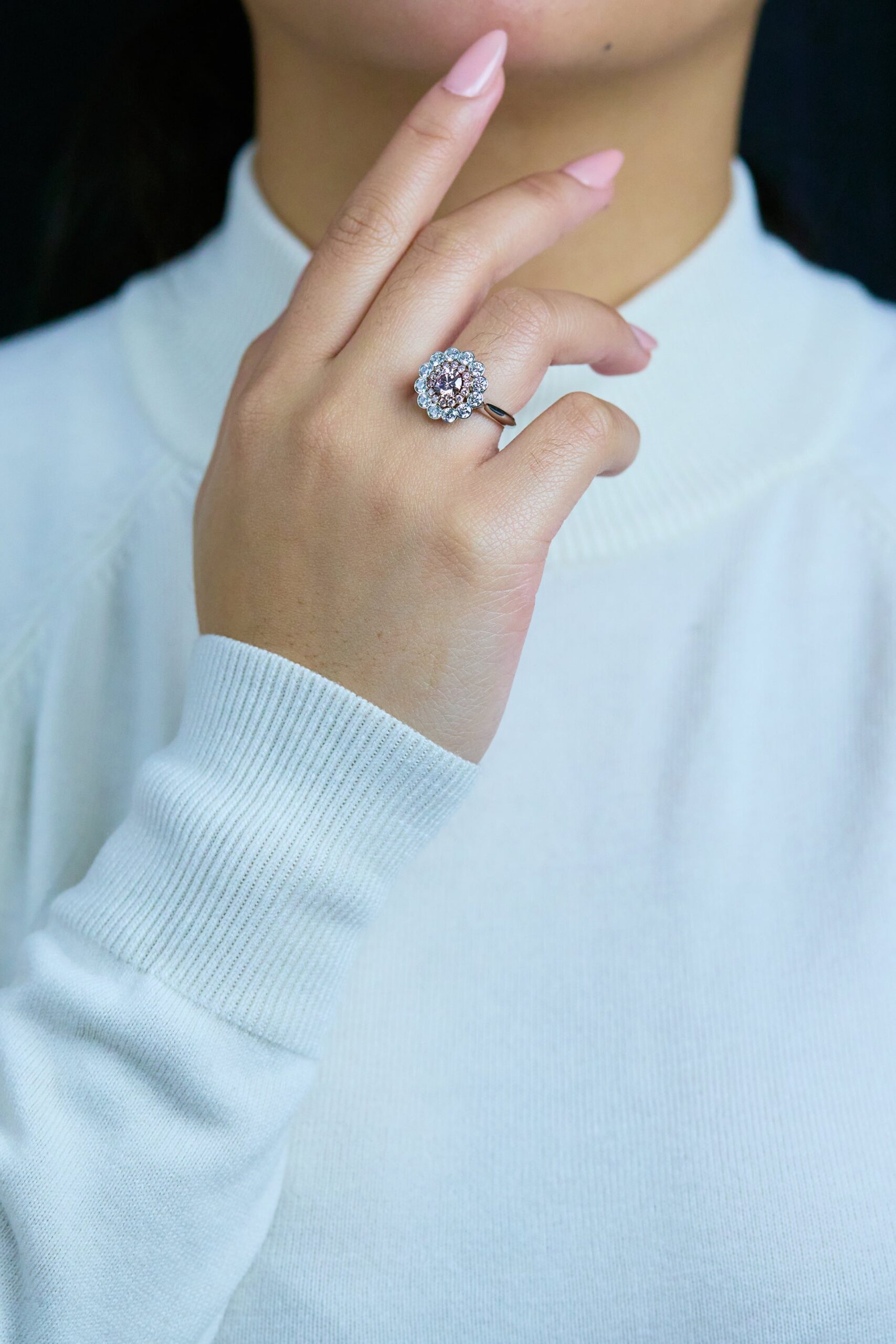 GIA Certified 0.77 Carat Round Brilliant Cut Pink Diamond Double Halo Engagement Ring in Rose Gold & Platinum - Image 3