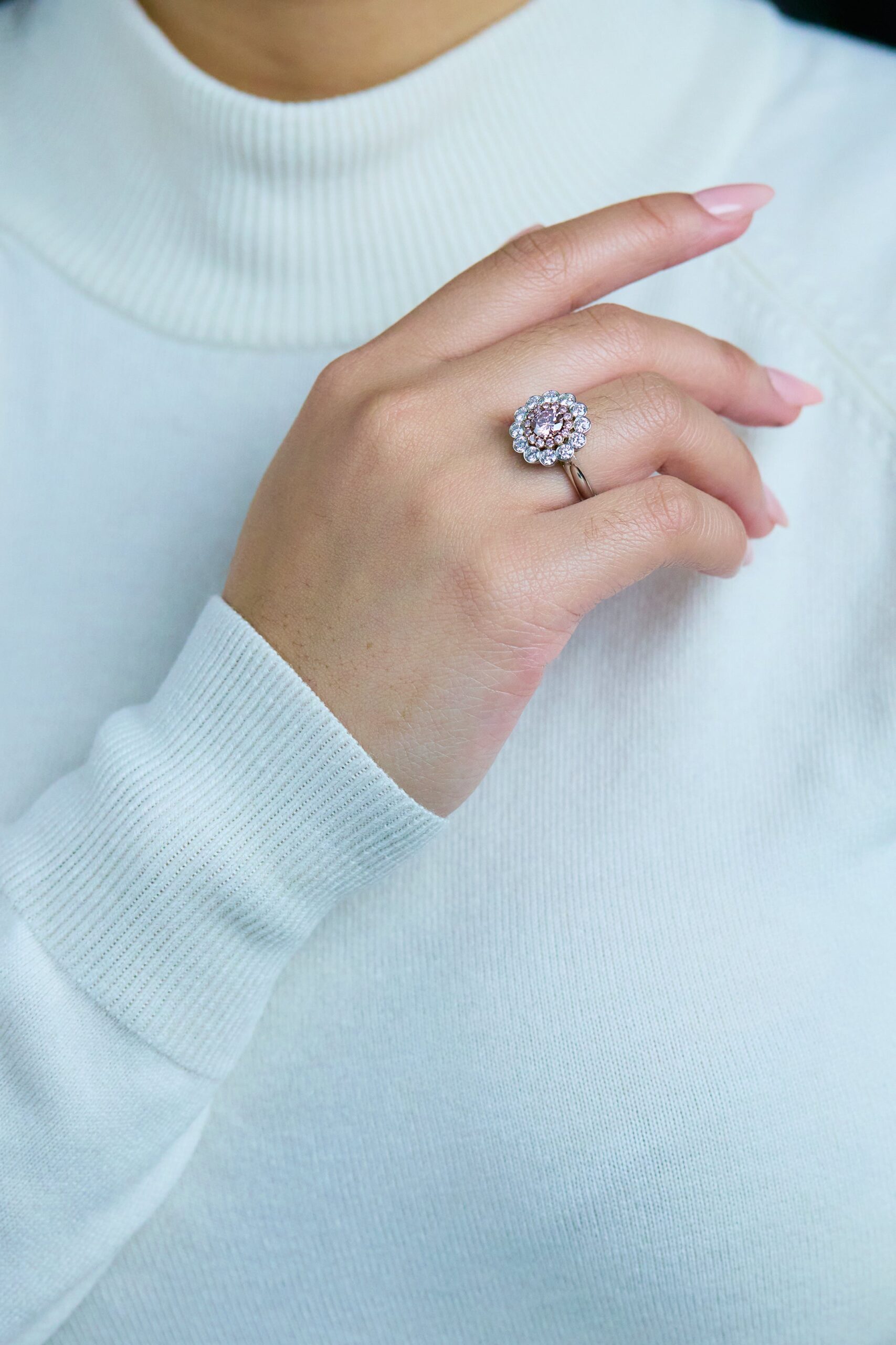 GIA Certified 0.77 Carat Round Brilliant Cut Pink Diamond Double Halo Engagement Ring in Rose Gold & Platinum - Image 4