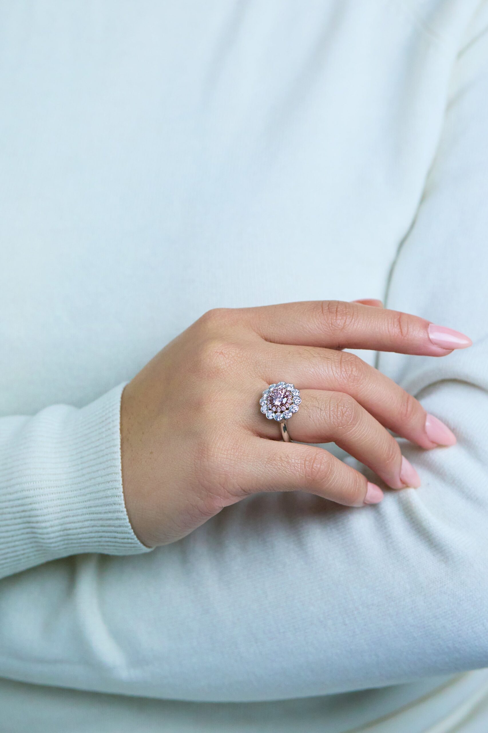 GIA Certified 0.77 Carat Round Brilliant Cut Pink Diamond Double Halo Engagement Ring in Rose Gold & Platinum - Image 5