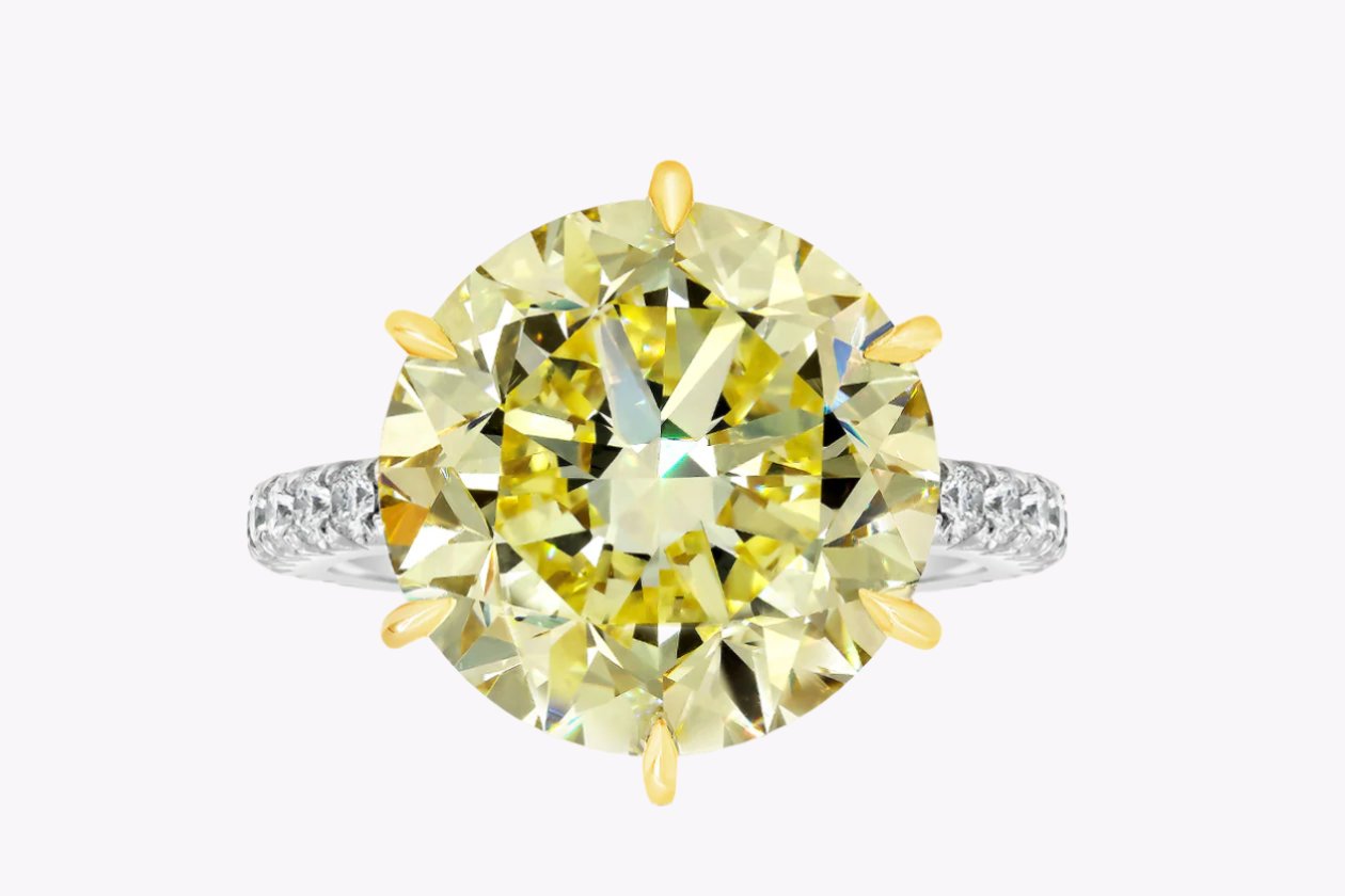 GIA Certified 10.02 Carats Round Brilliant Cut Yellow Diamond Engagement Ring in Yellow Gold & Platinum