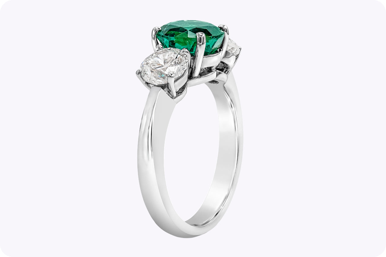 GIA Certified 1.87 Carats Round Cut Emerald & Diamond Three-Stone Engagement Ring in Platinum - Image 3