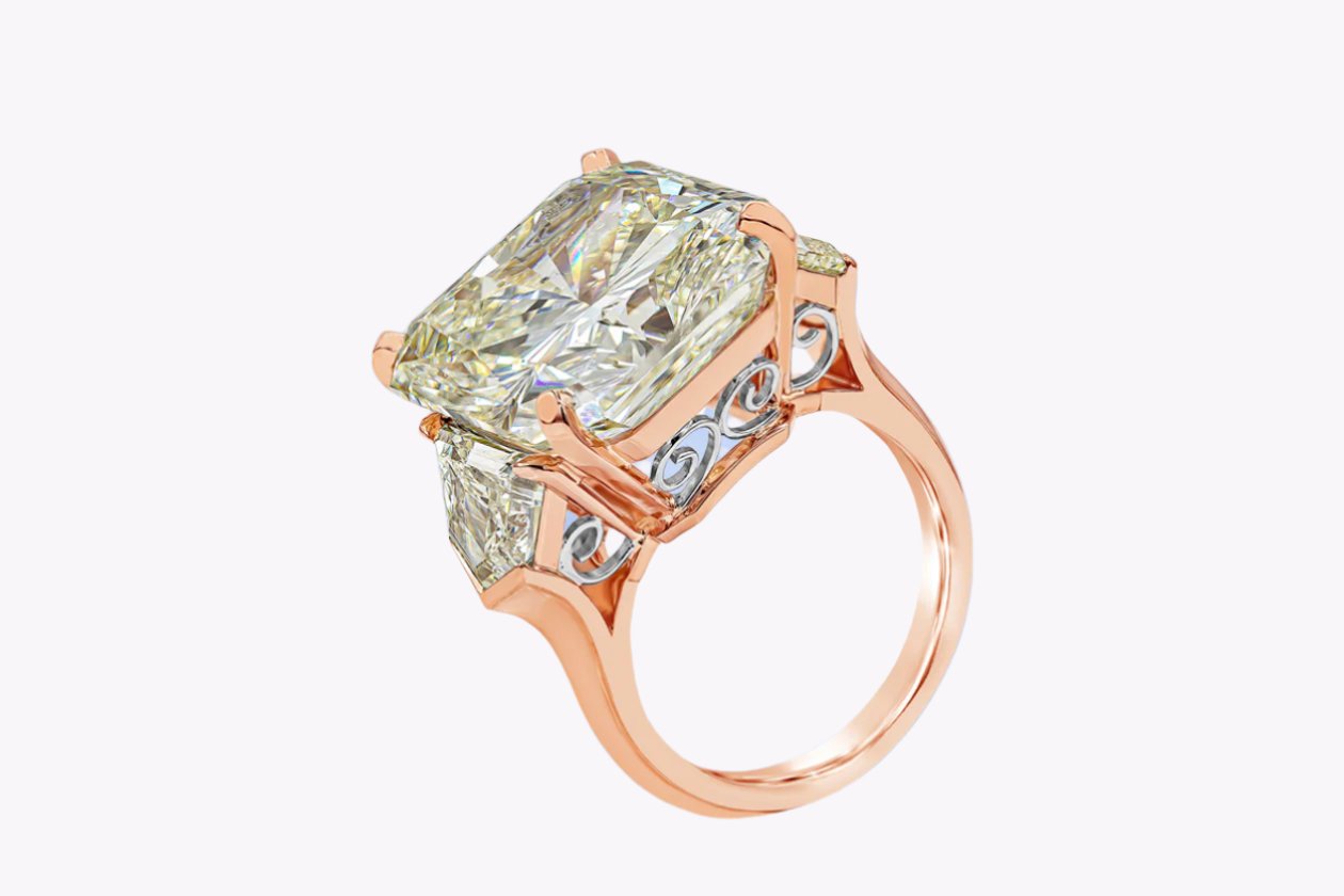GIA Certified 20.05 Carats Radiant Cut Diamond Three-Stone Engagement Ring in Rose Gold - Image 3