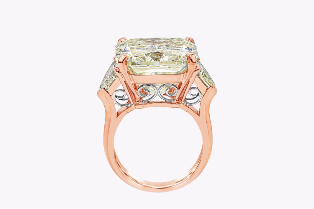 GIA Certified 20.05 Carats Radiant Cut Diamond Three-Stone Engagement Ring in Rose Gold - Image 4