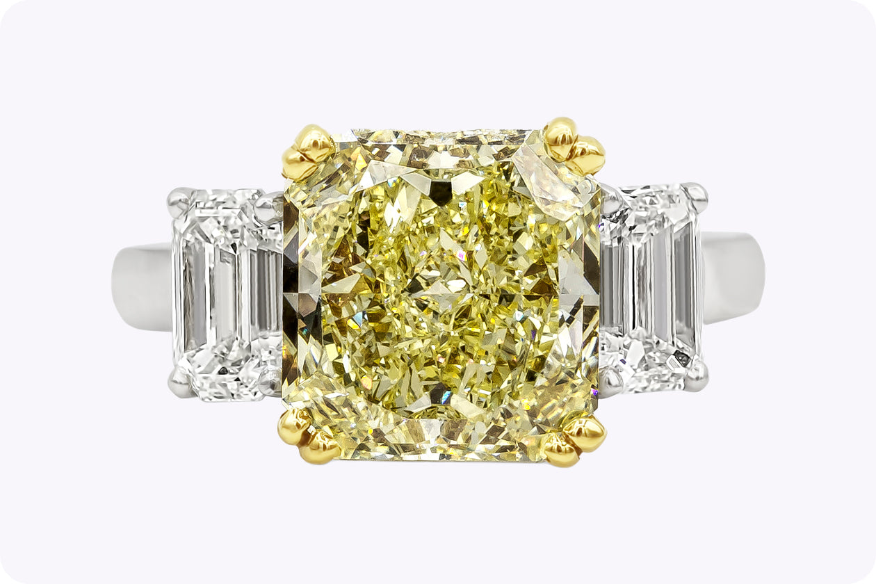 GIA Certified 4.68 Carats Radiant Cut Yellow Diamond Three-Stone Engagement Ring in Yellow Gold & Platinum