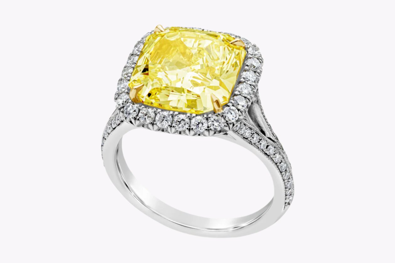 GIA Certified 5.32 Carats Radiant Cut Yellow Diamond Halo Engagement Ring in Yellow & White Gold - Image 3